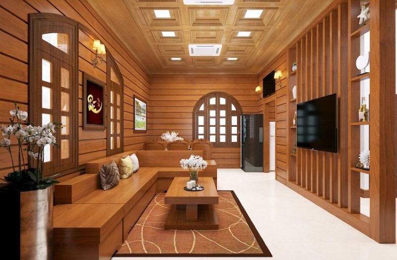 Phòng khách sử dụng nội thất màu gỗ giúp cho không gian trở nên sang trọng và tinh tế hơn